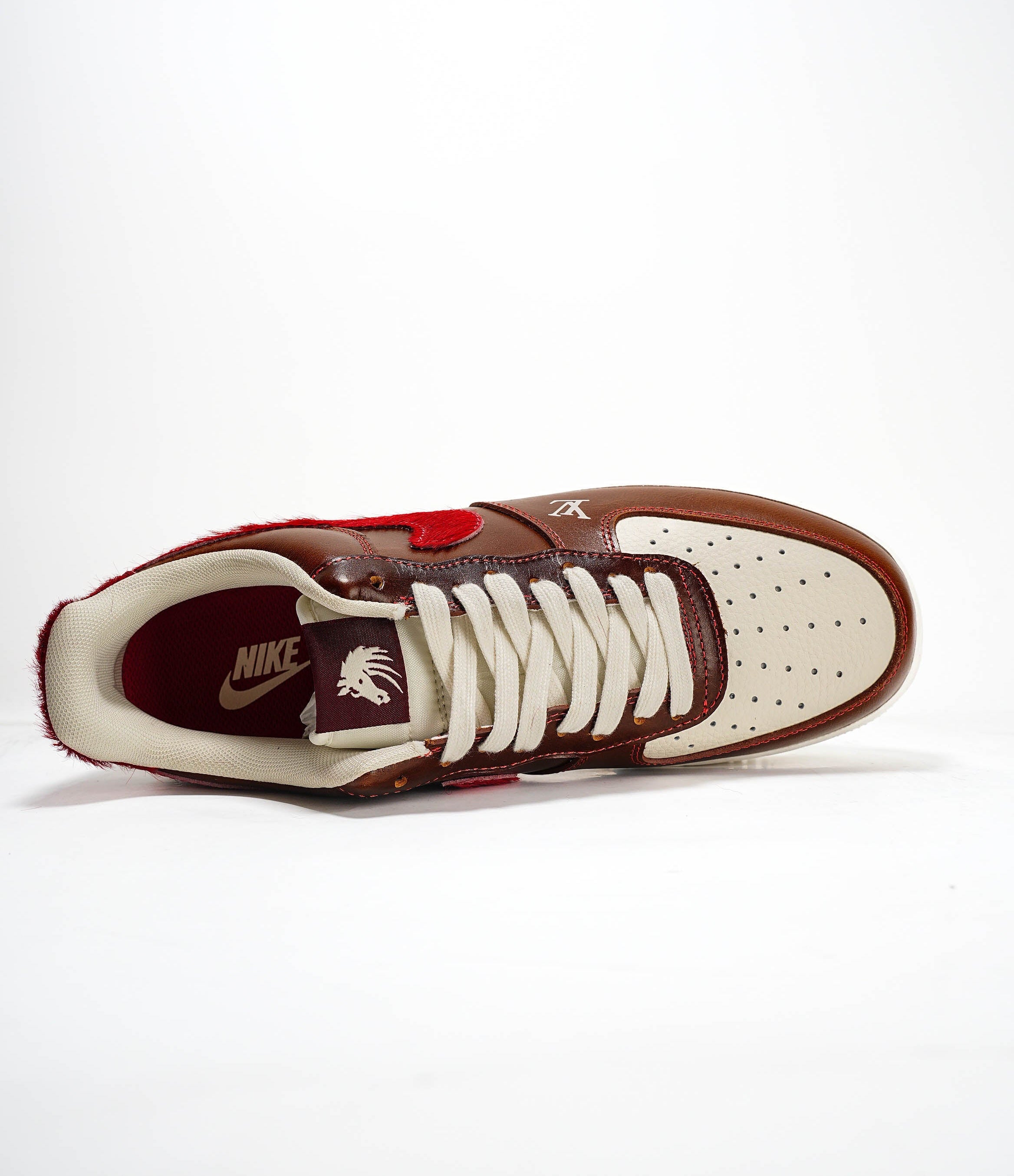Louis Vuitton x Nike Air Force 1 by Virgil Abloh – Brown Cream Red Shearling Swoosh