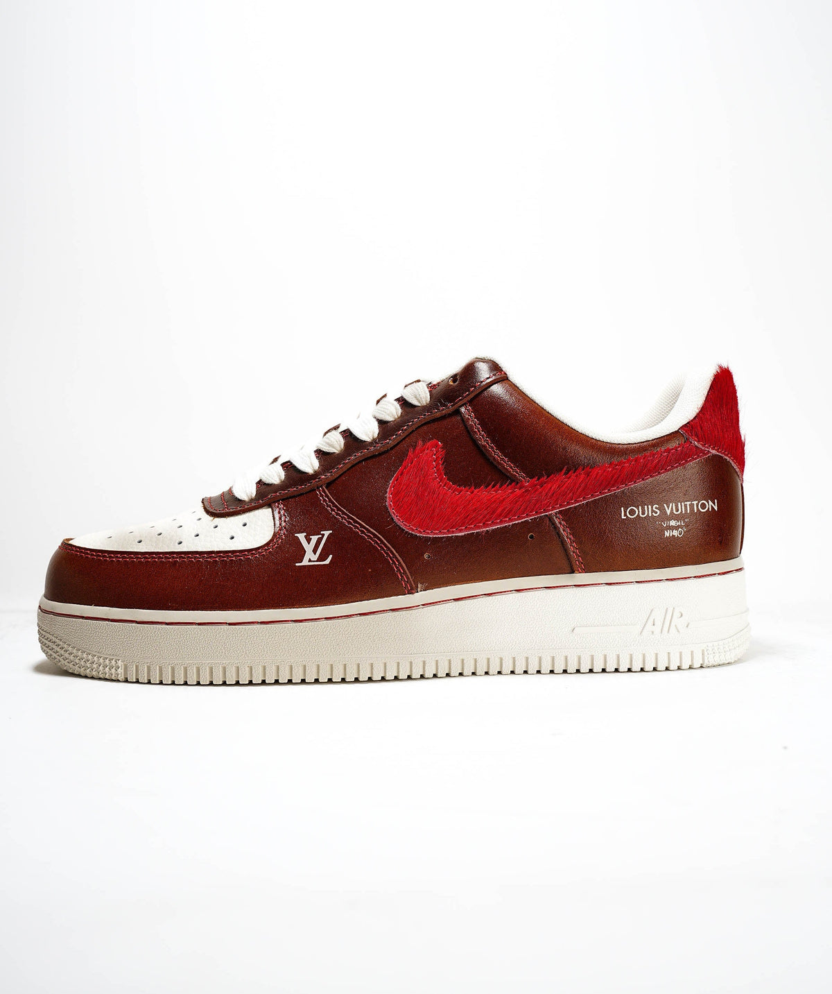 Louis Vuitton x Nike Air Force 1 by Virgil Abloh – Brown Cream Red Shearling Swoosh