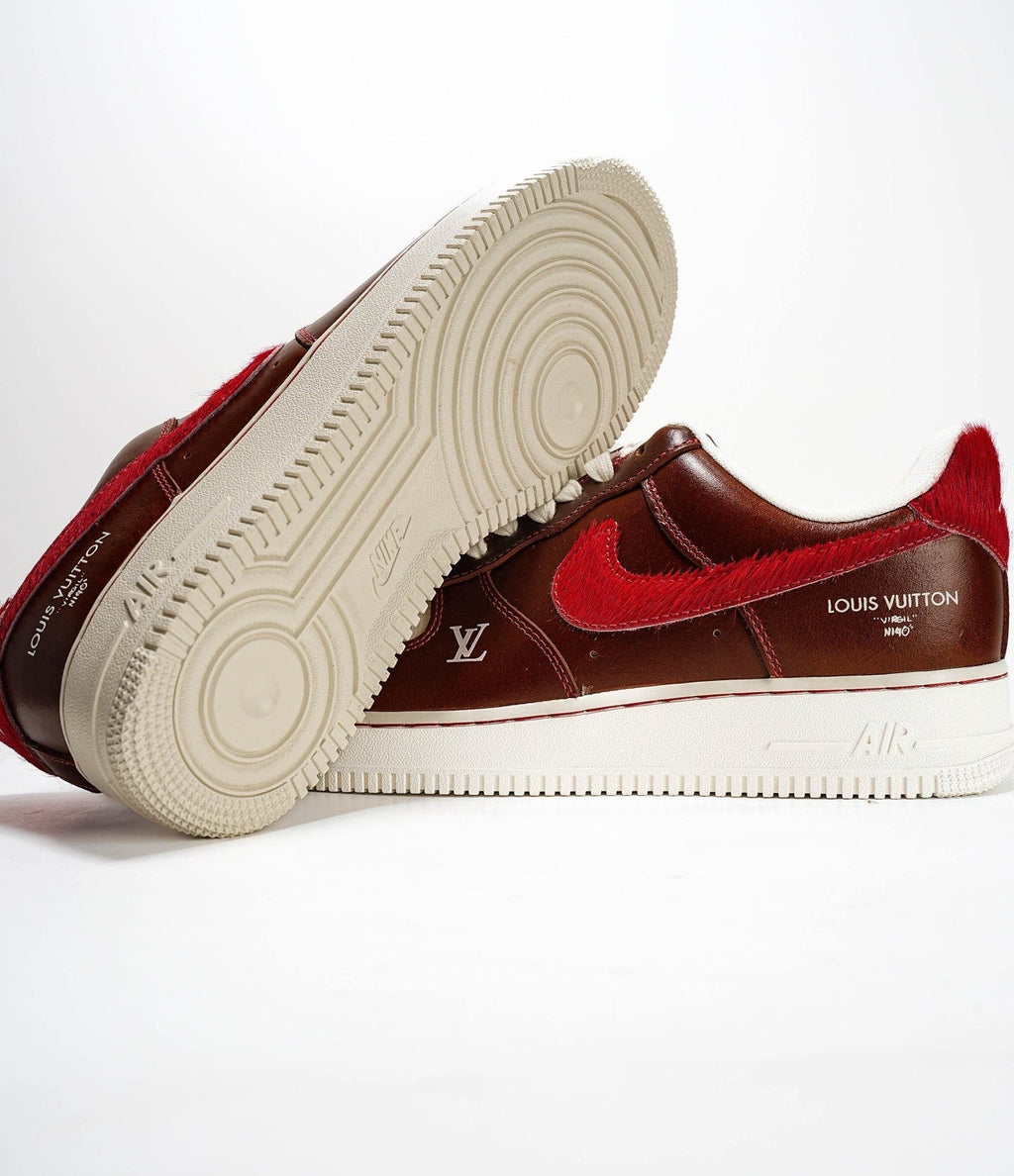 Louis Vuitton x Nike Air Force 1 by Virgil Abloh – Brown Cream Red Shearling Swoosh