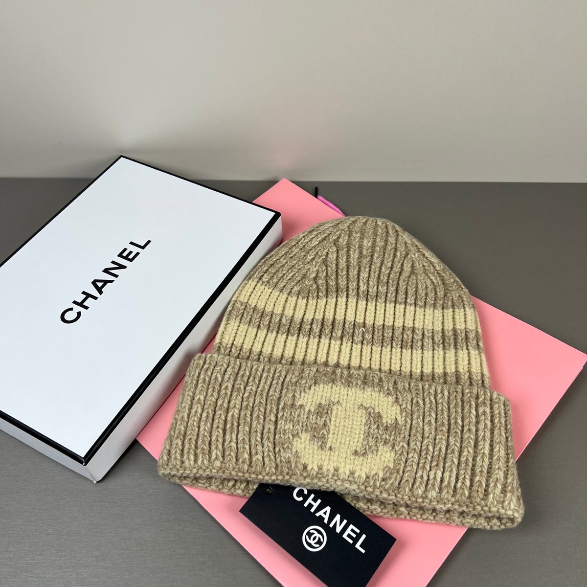 Chanel CC Logo Ribbed Knit Beanie