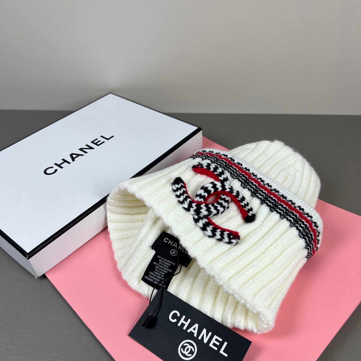 Chanel CC Logo Ribbed Knit Beanie