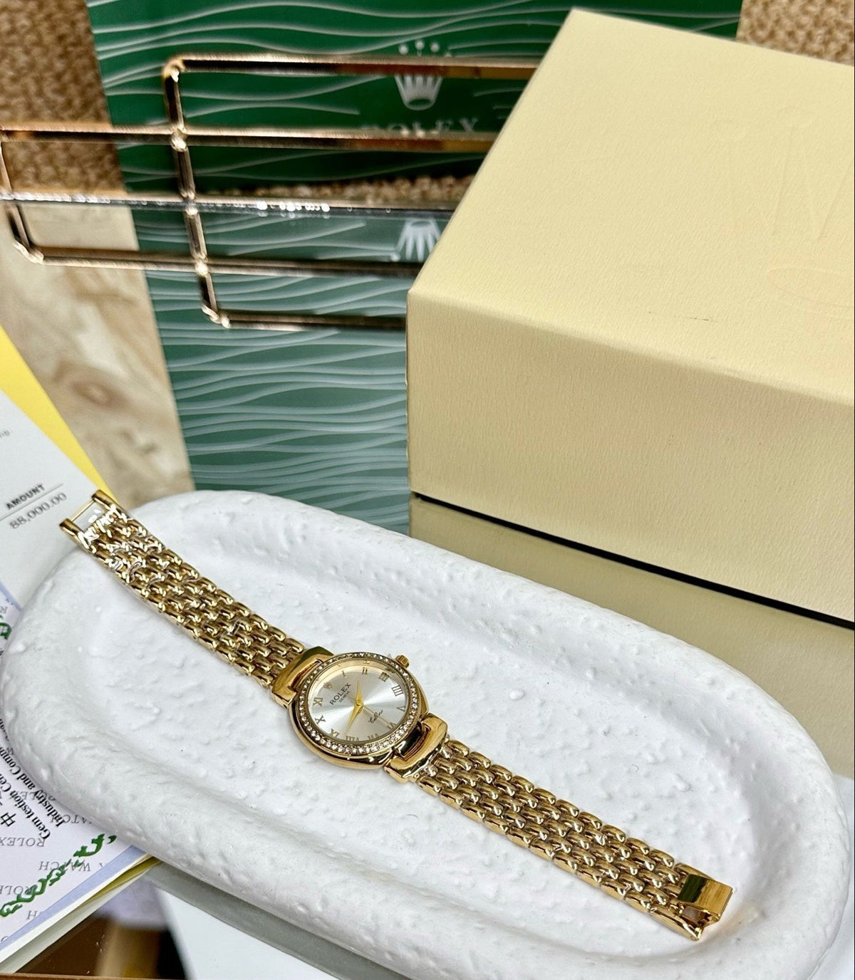 Rolex Ladies Gold-Tone Watch & Clover Bracelet Gift Set