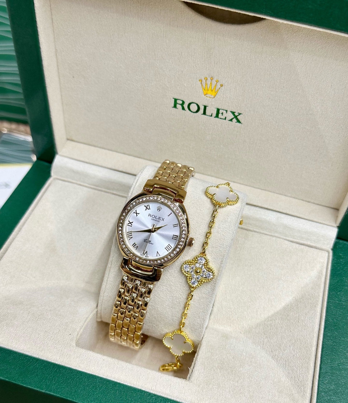 Rolex Ladies Gold-Tone Watch & Clover Bracelet Gift Set