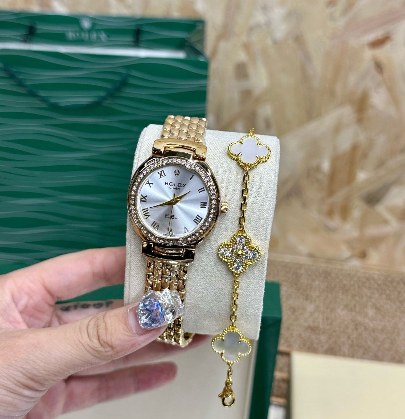 Rolex Ladies Gold-Tone Watch & Clover Bracelet Gift Set
