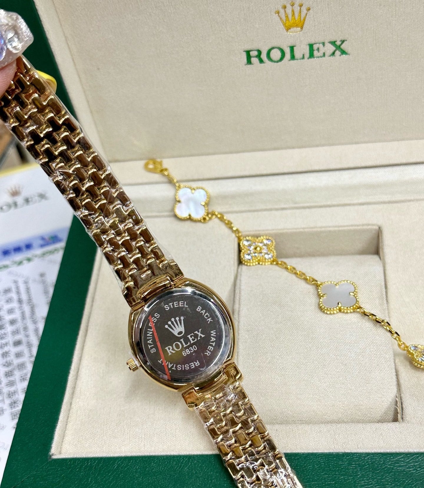 Rolex Ladies Gold-Tone Watch & Clover Bracelet Gift Set