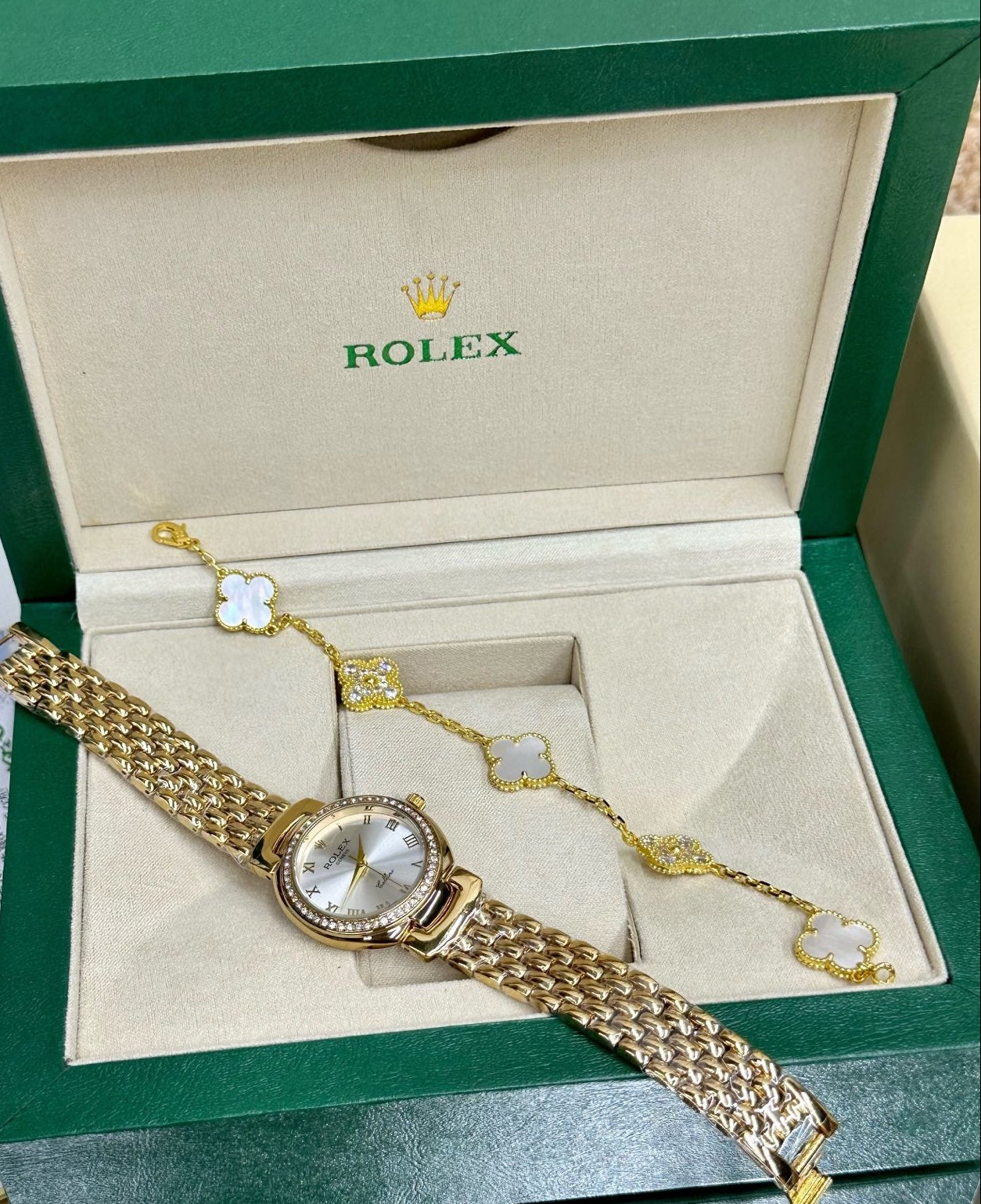 Rolex Ladies Gold-Tone Watch & Clover Bracelet Gift Set