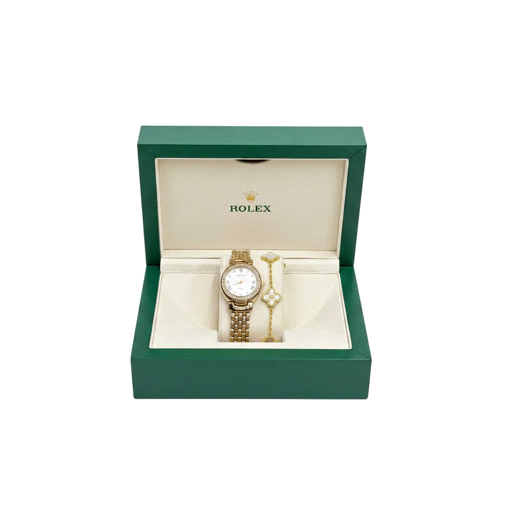 Rolex Ladies Gold-Tone Watch & Clover Bracelet Gift Set
