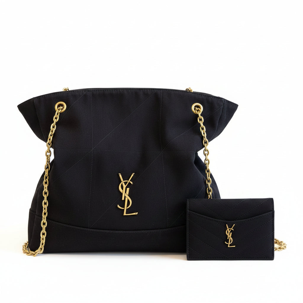 Saint Laurent YSL Quilted Tote Bag with Card Holder – Black
