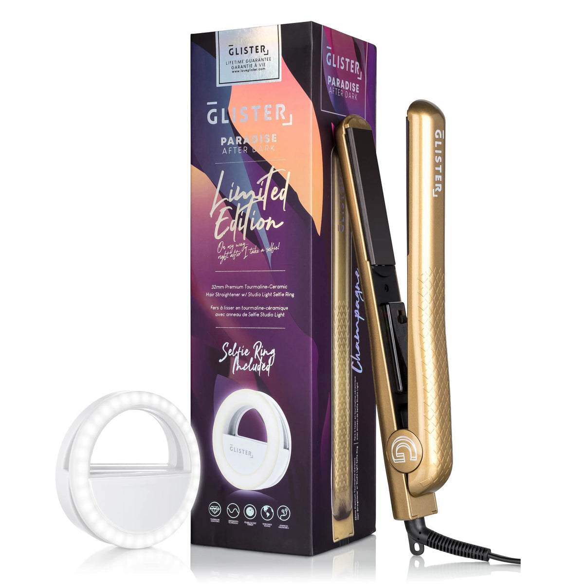 GLISTER - Limited Edition 1.25" "Paradise After Dark" Flat Iron (with Selfie Ring Included)