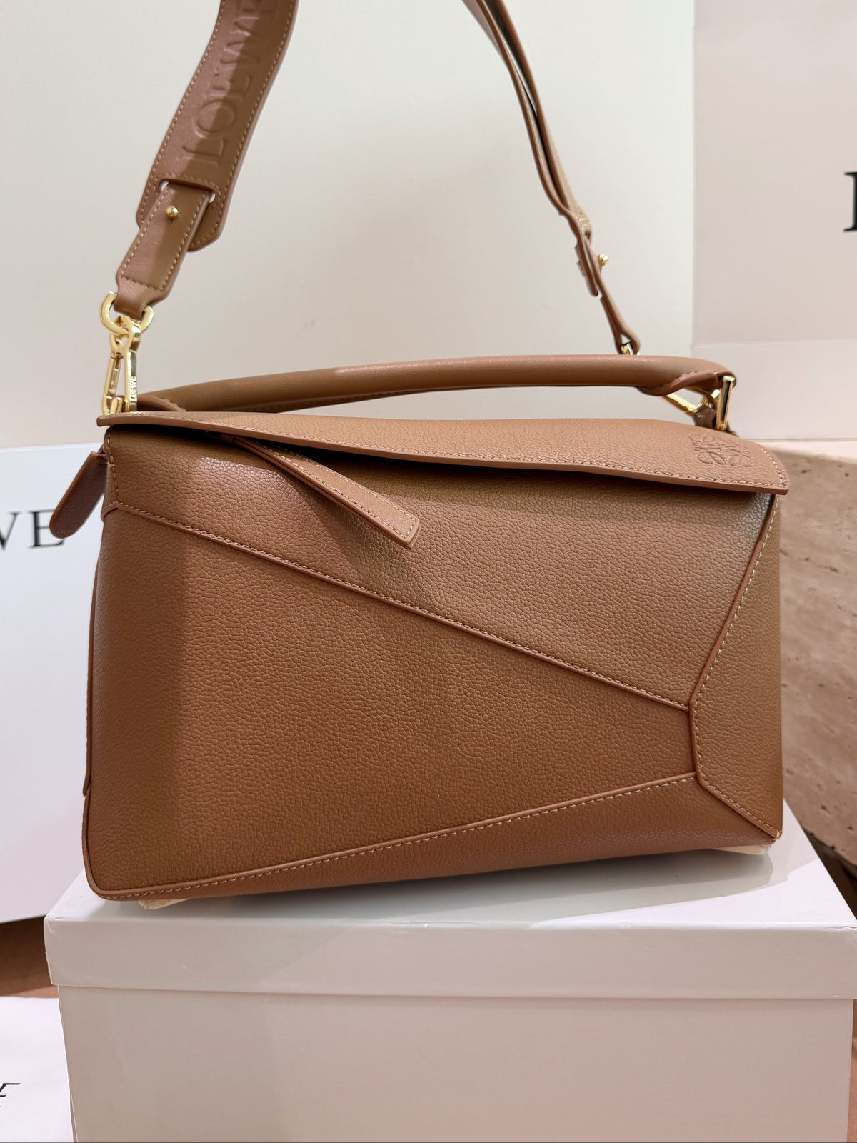 Loewe Puzzle Bag 29 – Tan Camel Grained Calfskin Leather Gold Hardware