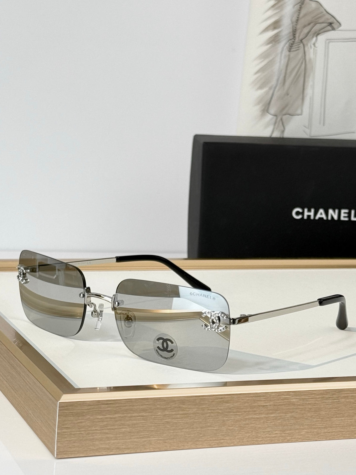 Chanel CC Crystal Rimless Rectangle Sunglasses