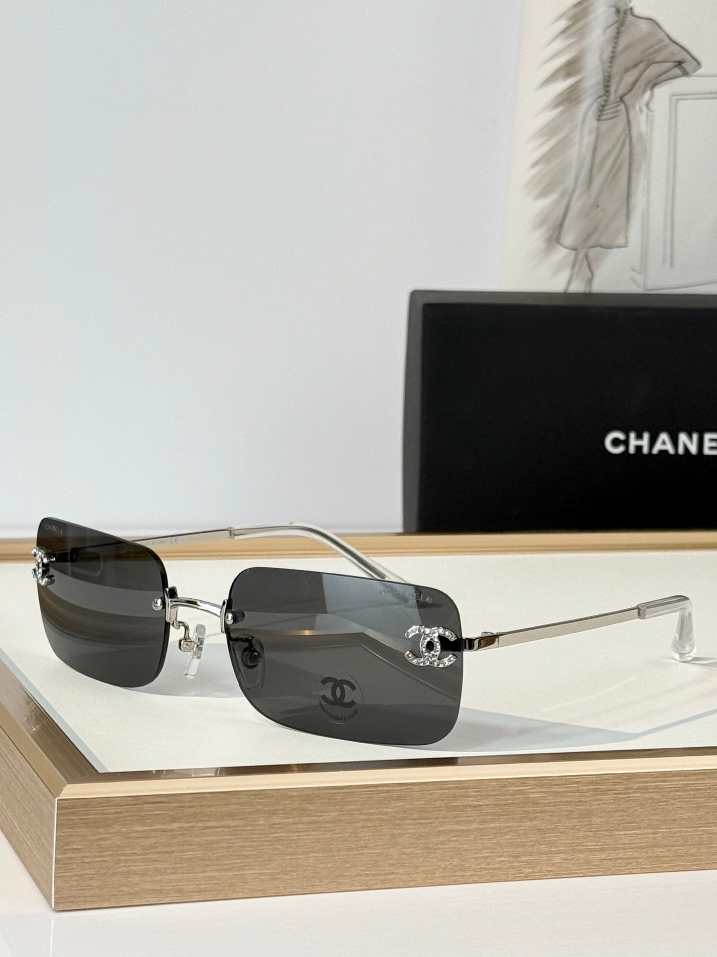 Chanel CC Crystal Rimless Rectangle Sunglasses