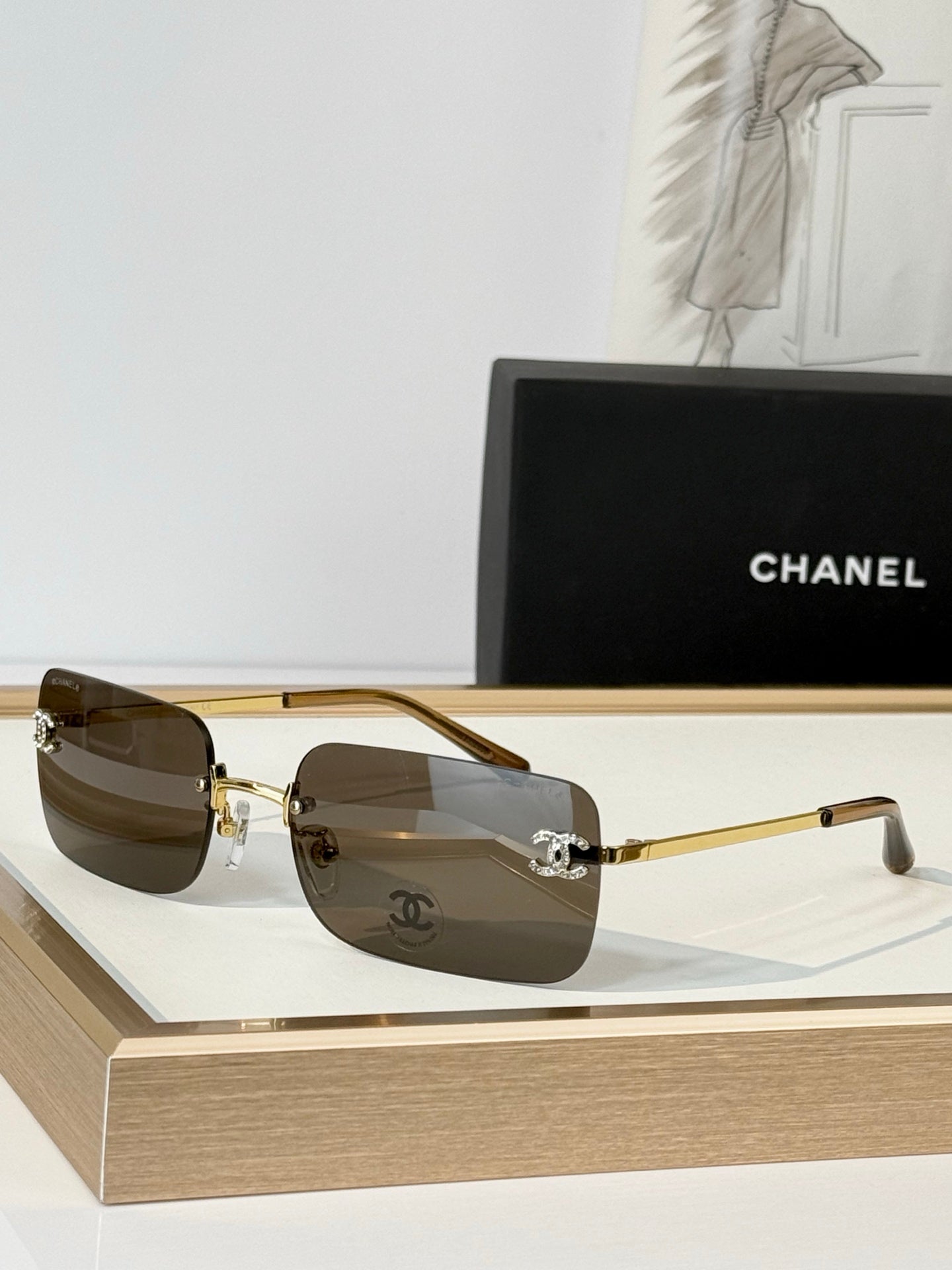 Chanel CC Crystal Rimless Rectangle Sunglasses