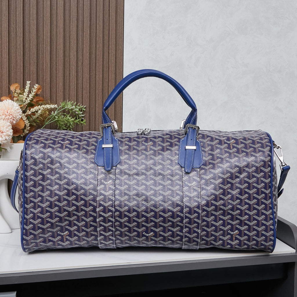 Goyard Boeing 55 Travel Bag – Navy Blue Goyardine Canvas Cobalt Leather Silver Hardware