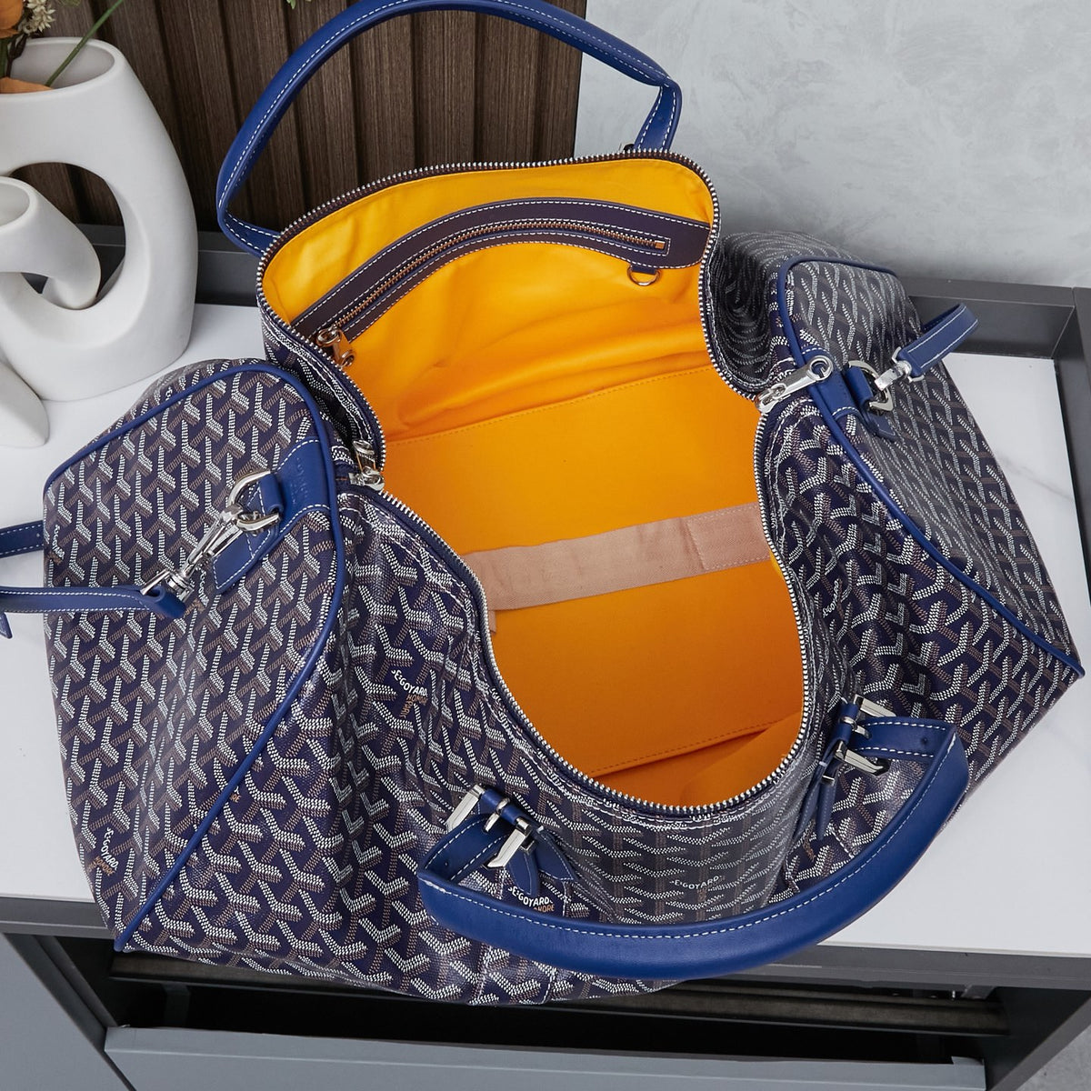 Goyard Boeing 55 Travel Bag – Navy Blue Goyardine Canvas Cobalt Leather Silver Hardware