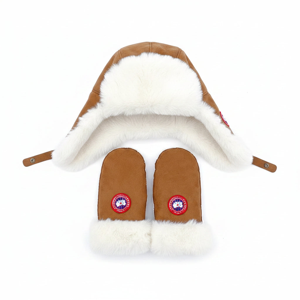 Canada Goose Suede Trapper Hat & Mittens Set – Tan