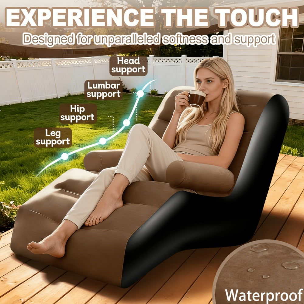 Coffee Brown Inflatable Chaise Lounge with Built-In Armrests, Raised Back and Sculpted Leg Rest