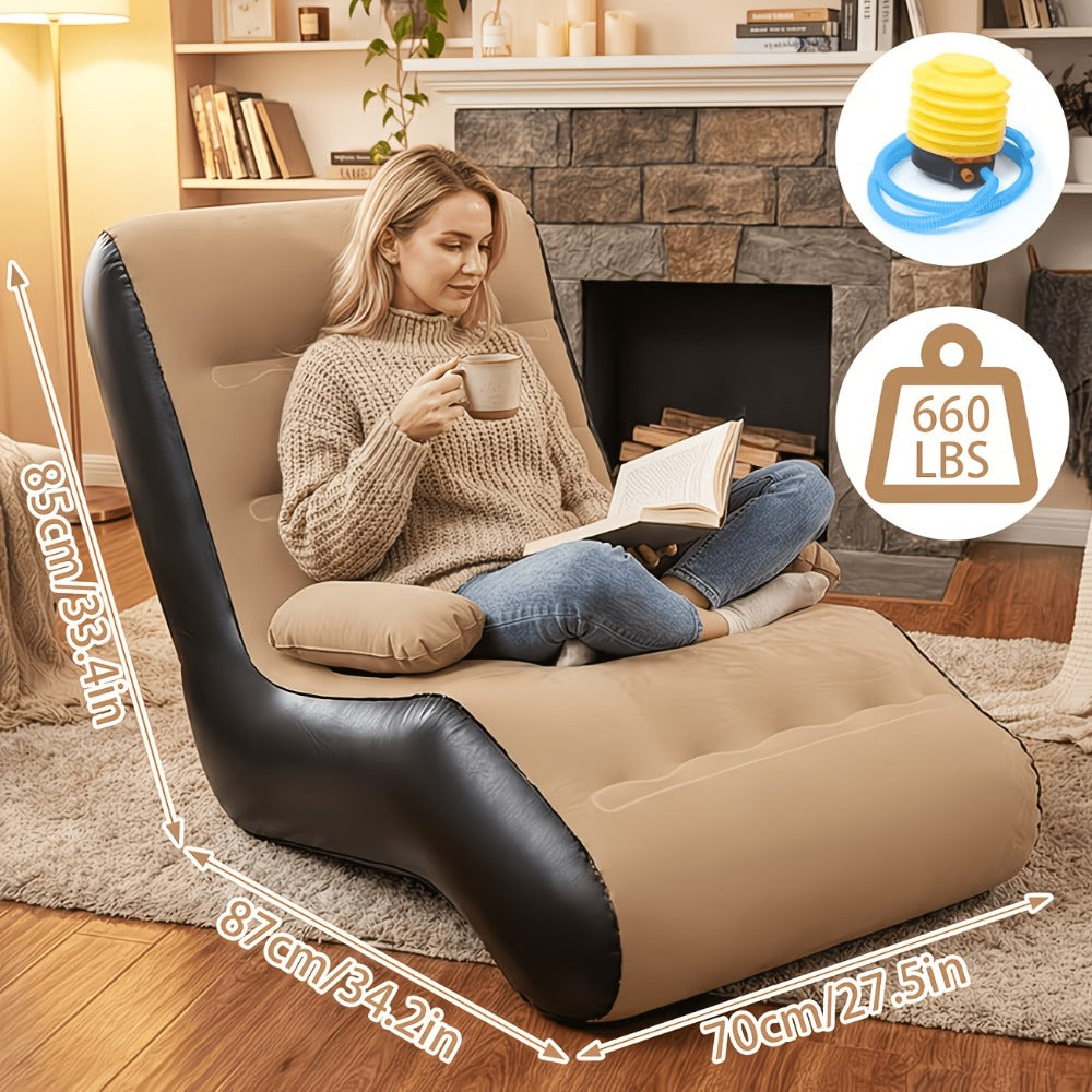 Coffee Brown Inflatable Chaise Lounge with Built-In Armrests, Raised Back and Sculpted Leg Rest