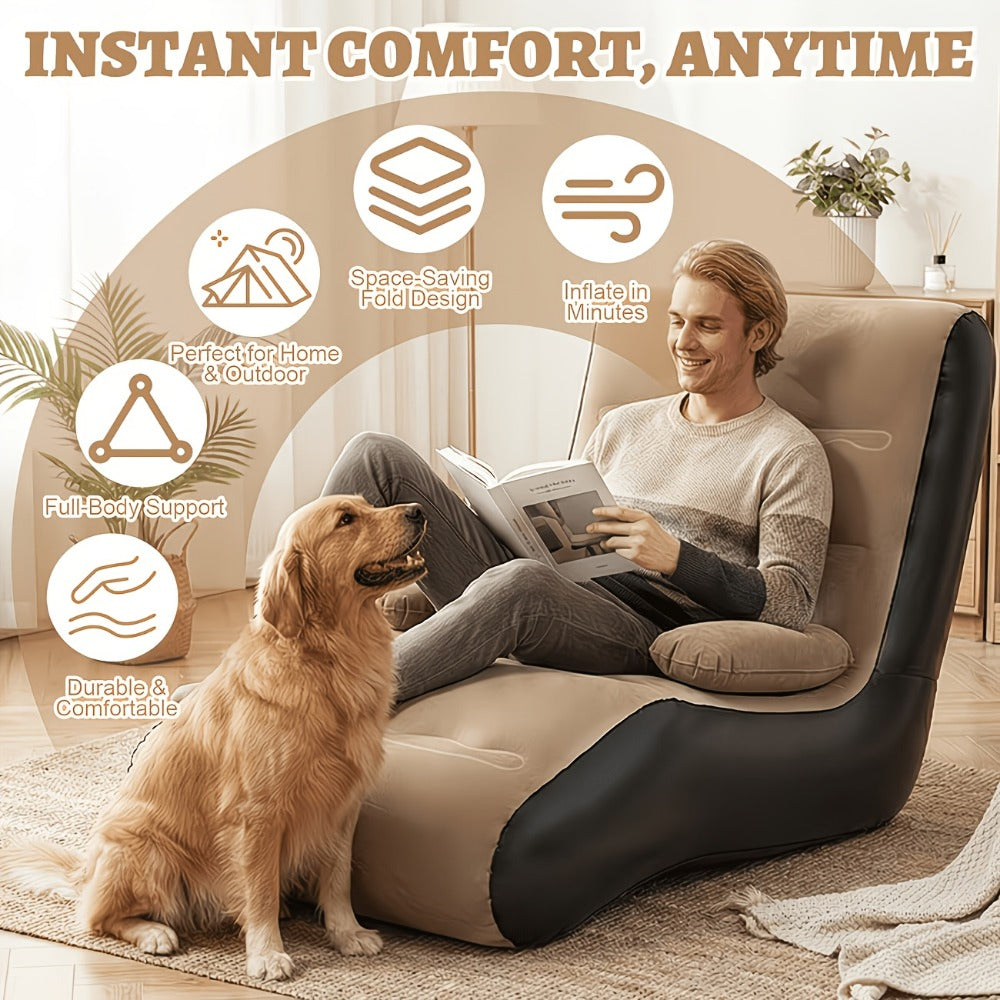 Coffee Brown Inflatable Chaise Lounge with Built-In Armrests, Raised Back and Sculpted Leg Rest