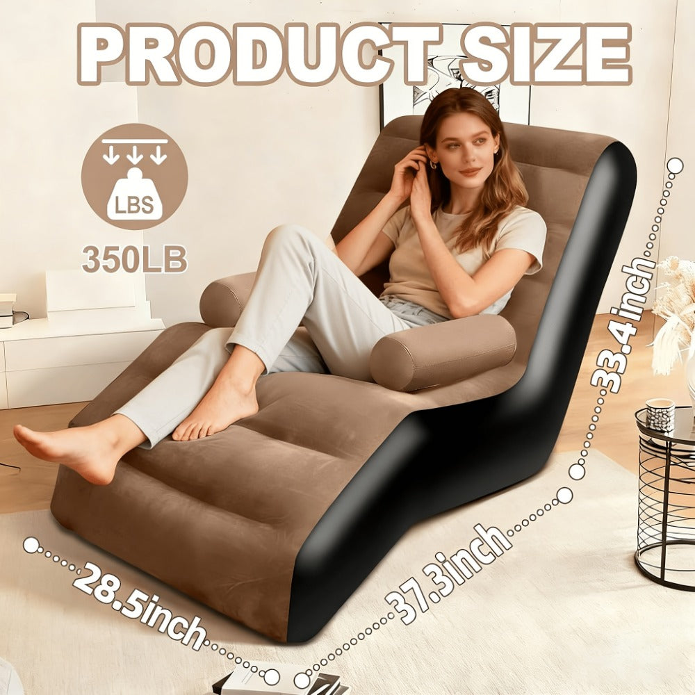 Coffee Brown Inflatable Chaise Lounge with Built-In Armrests, Raised Back and Sculpted Leg Rest