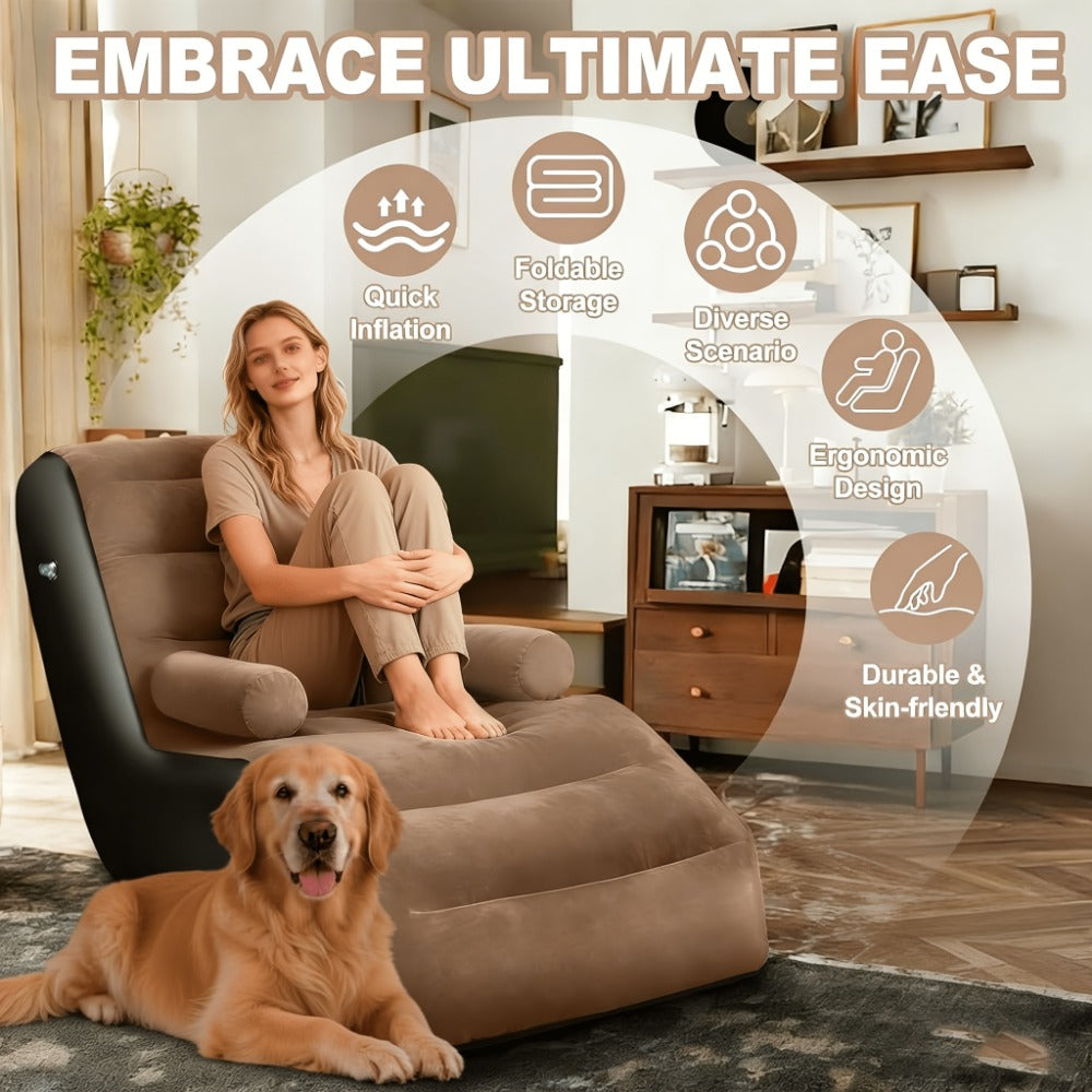 Coffee Brown Inflatable Chaise Lounge with Built-In Armrests, Raised Back and Sculpted Leg Rest