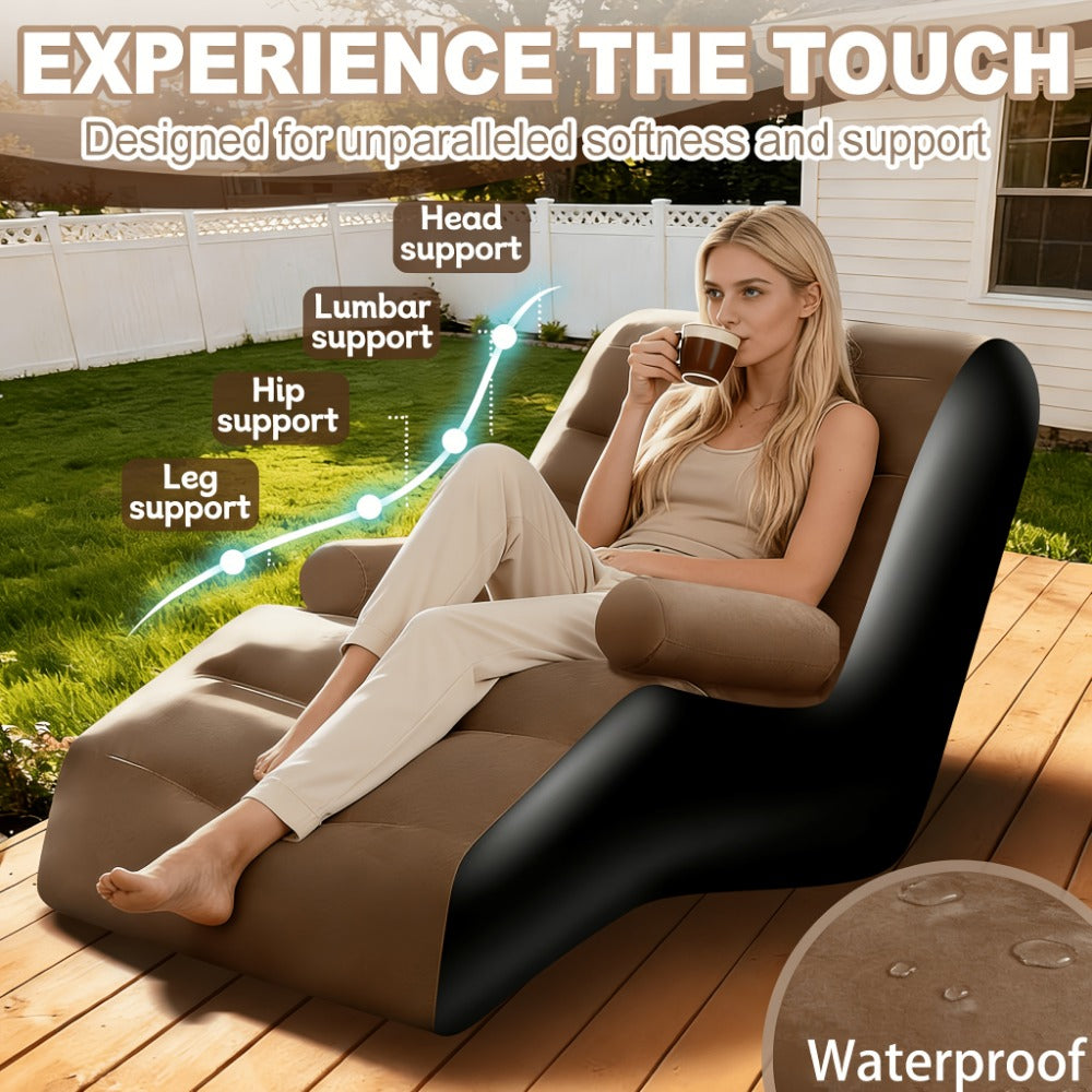 Coffee Brown Inflatable Chaise Lounge with Built-In Armrests, Raised Back and Sculpted Leg Rest