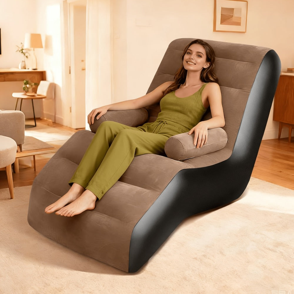 Coffee Brown Inflatable Chaise Lounge with Built-In Armrests, Raised Back and Sculpted Leg Rest