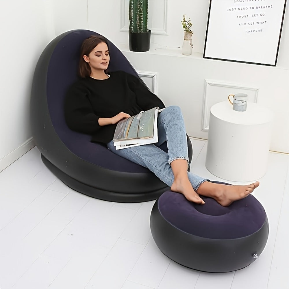 Inflatable High-Back Chair and Round Ottoman Set in Red or Navy Blue with Two Color Options