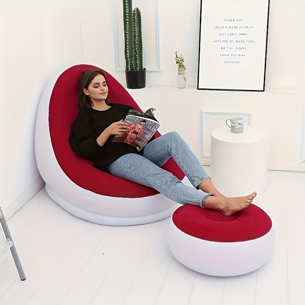 Inflatable High-Back Chair and Round Ottoman Set in Red or Navy Blue with Two Color Options