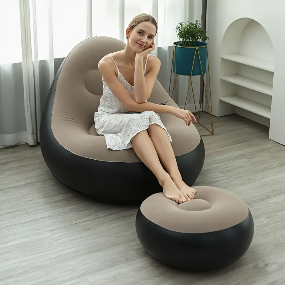 Inflatable High-Back Chair and Round Ottoman Set in Red or Navy Blue with Two Color Options