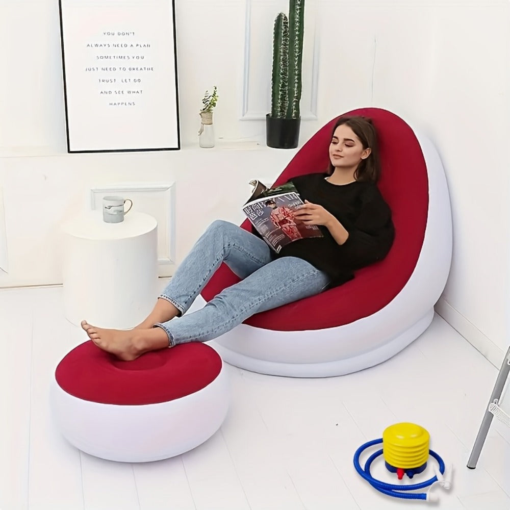 Inflatable High-Back Chair and Round Ottoman Set in Red or Navy Blue with Two Color Options
