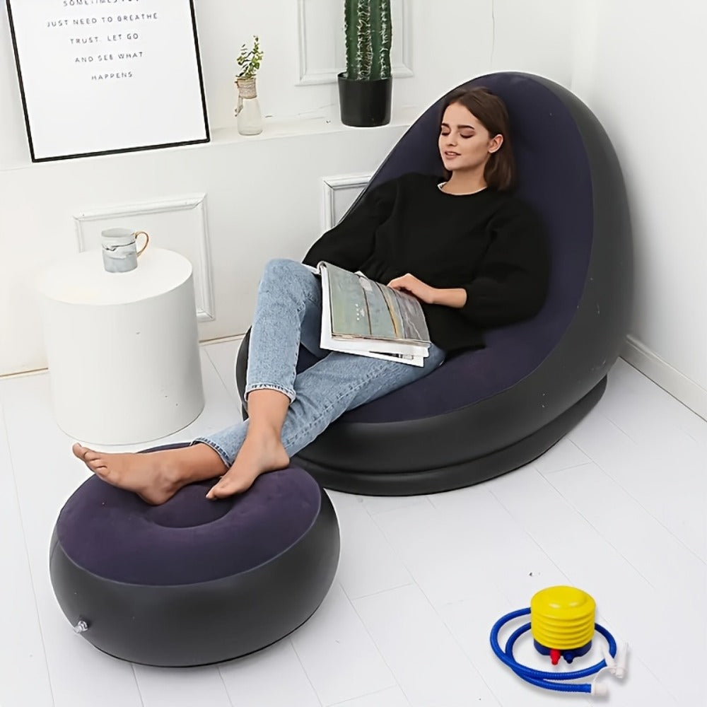Inflatable High-Back Chair and Round Ottoman Set in Red or Navy Blue with Two Color Options