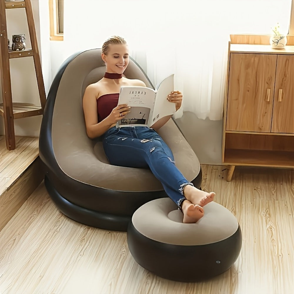 Inflatable High-Back Chair and Round Ottoman Set in Red or Navy Blue with Two Color Options