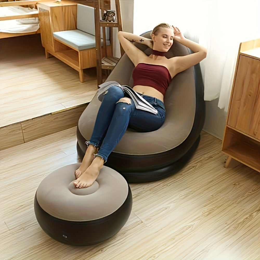Inflatable High-Back Chair and Round Ottoman Set in Red or Navy Blue with Two Color Options