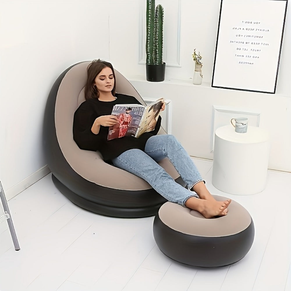 Inflatable High-Back Chair and Round Ottoman Set in Red or Navy Blue with Two Color Options