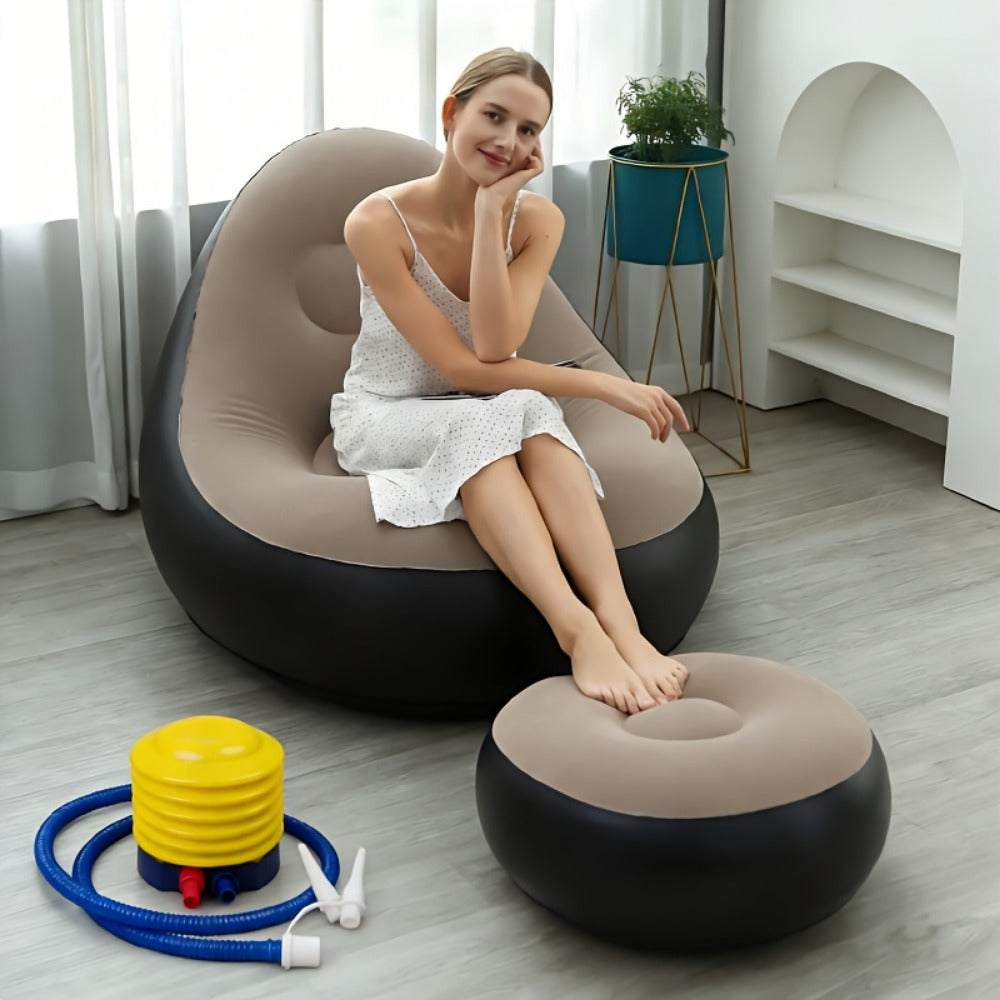 Inflatable High-Back Chair and Round Ottoman Set in Red or Navy Blue with Two Color Options