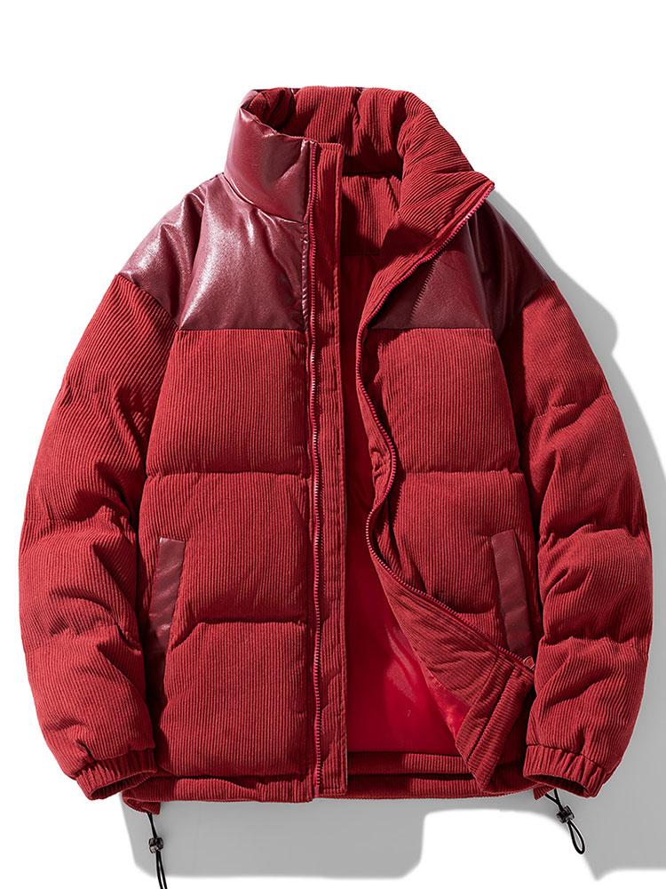 Corduroy PU Patchwork Puffer Coat