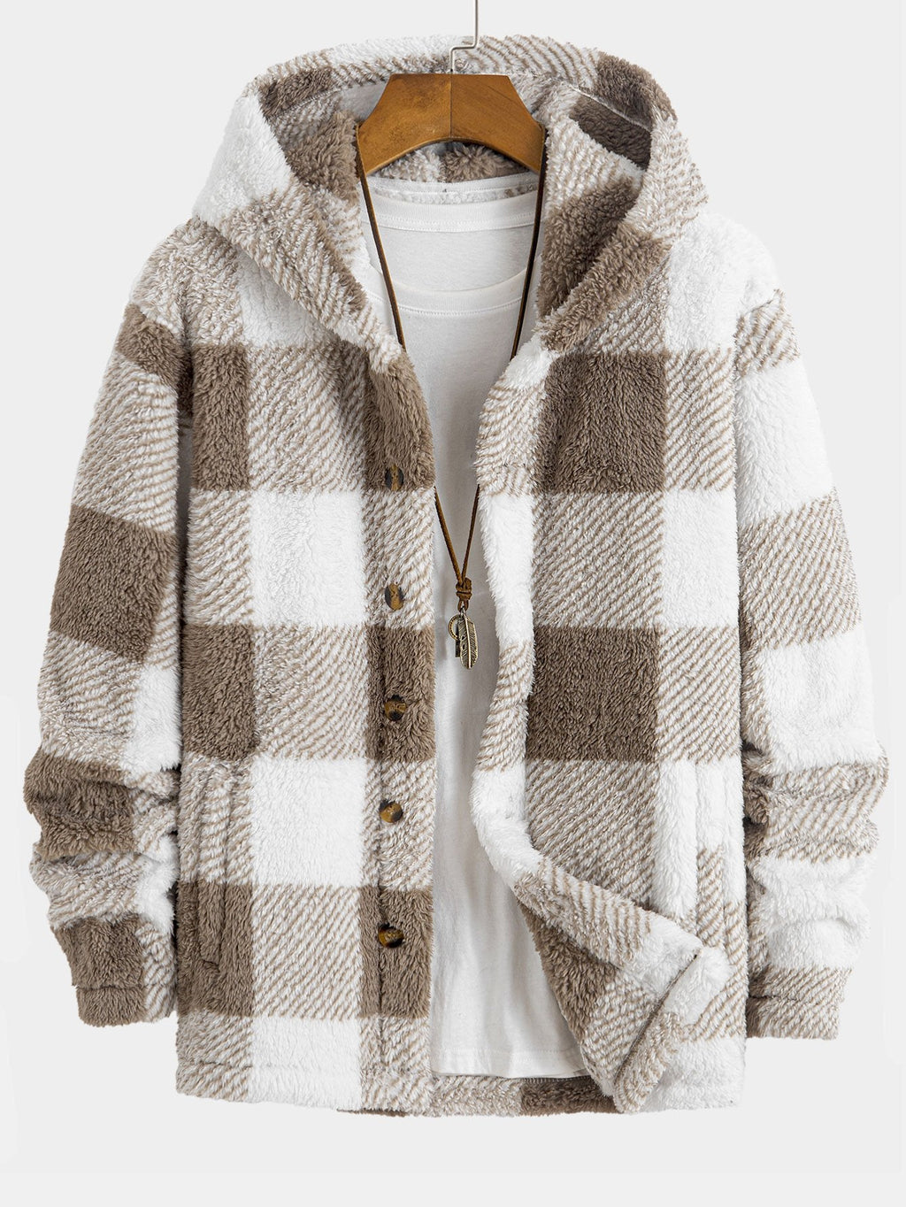 Plaid Teddy Fleece Button Up Hooded Coat