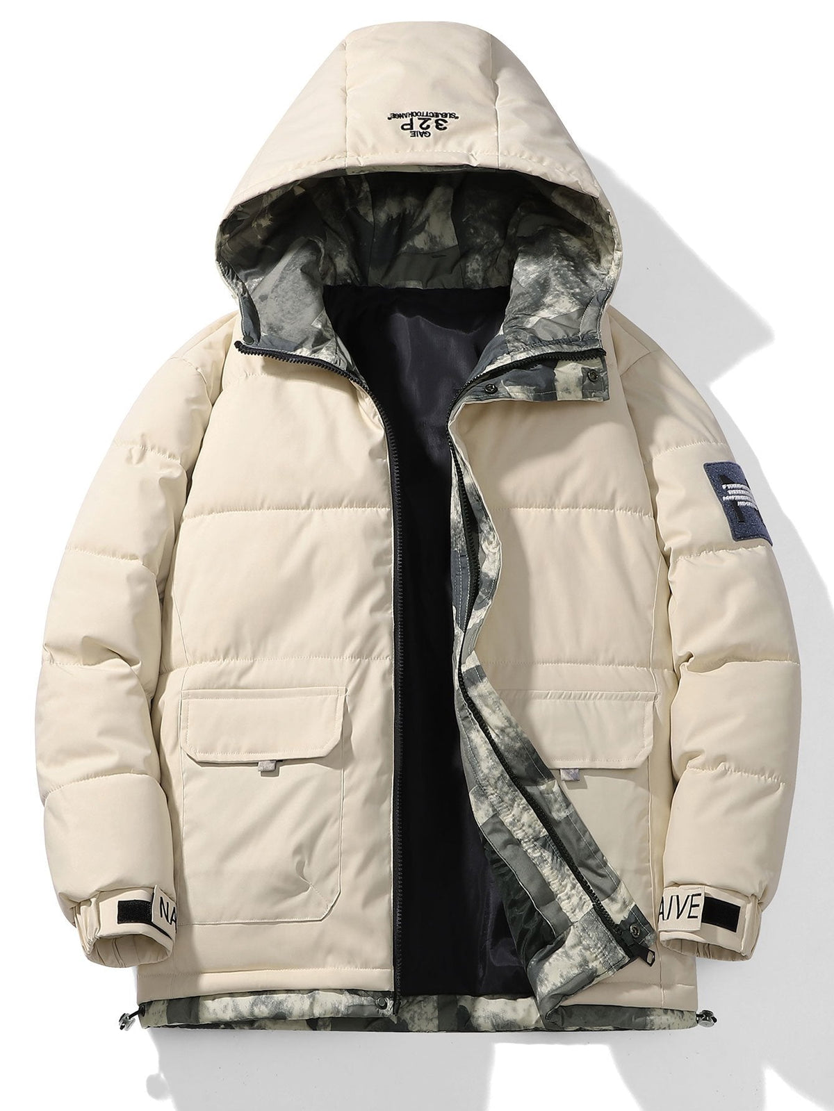 Camouflage Lined Pockets Hooded Puffer Coat