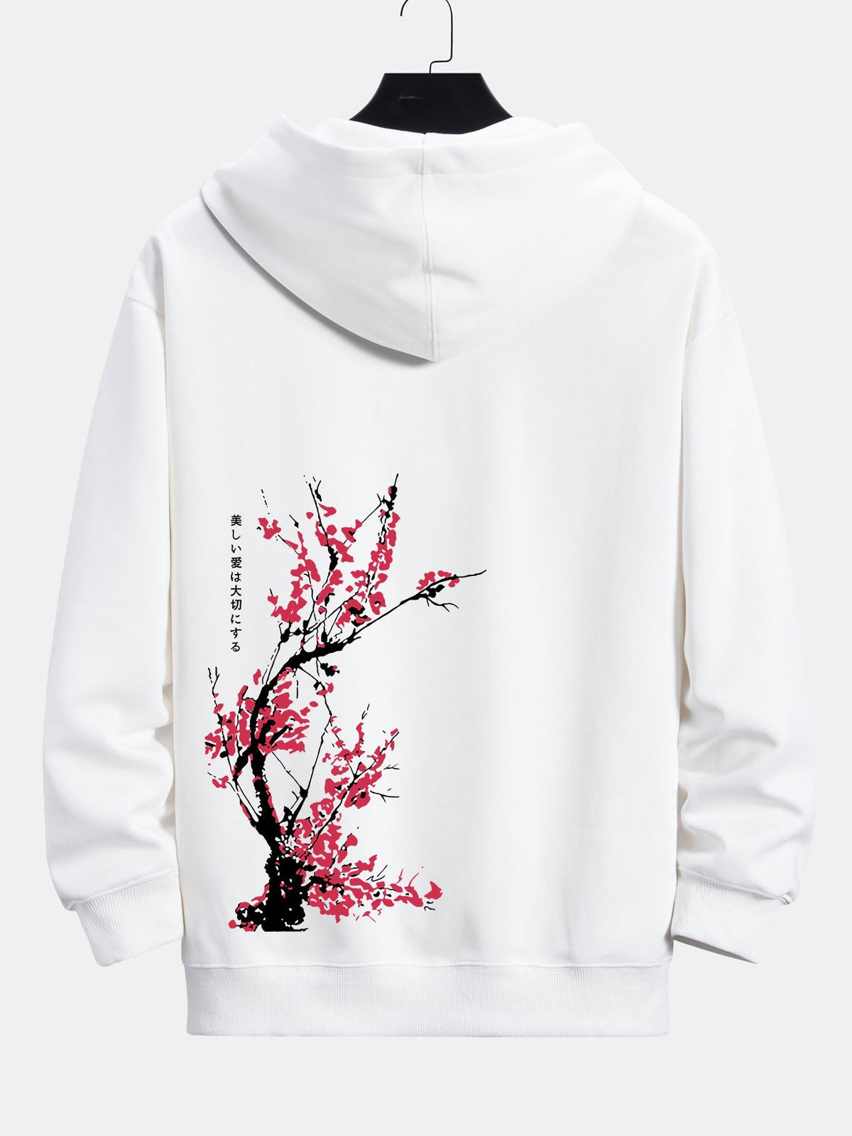 Relax-Fit-Kapuzenpullover mit Pflaumenblüten-Slogan auf dem Rücken