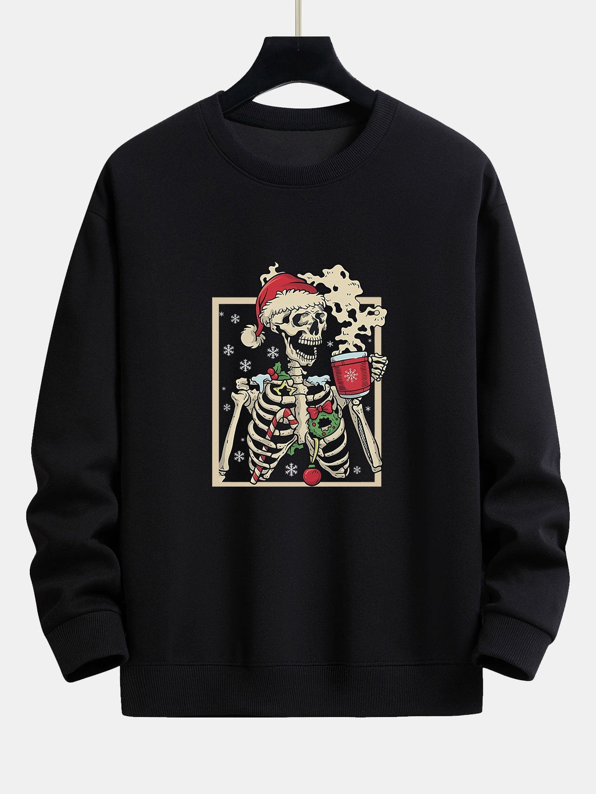 Christmas Skeleton Drinking Coffee Print Relax Fit Sweatshirt