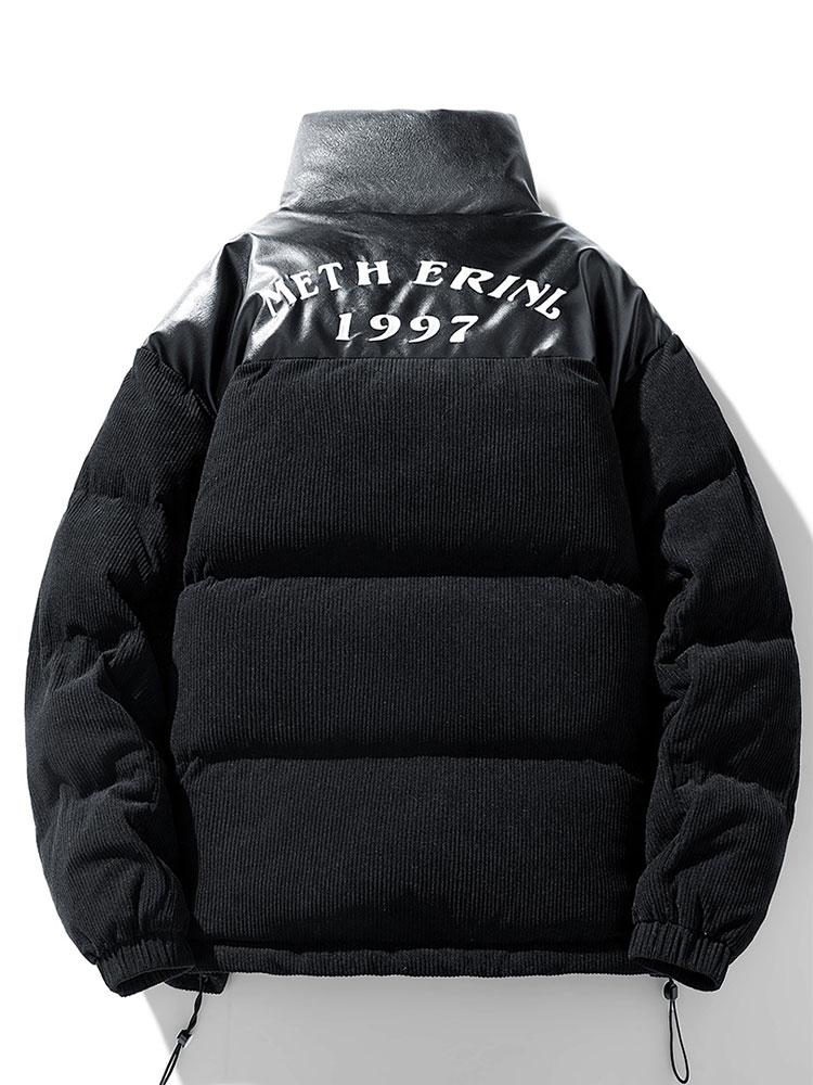 Corduroy PU Patchwork Puffer Coat