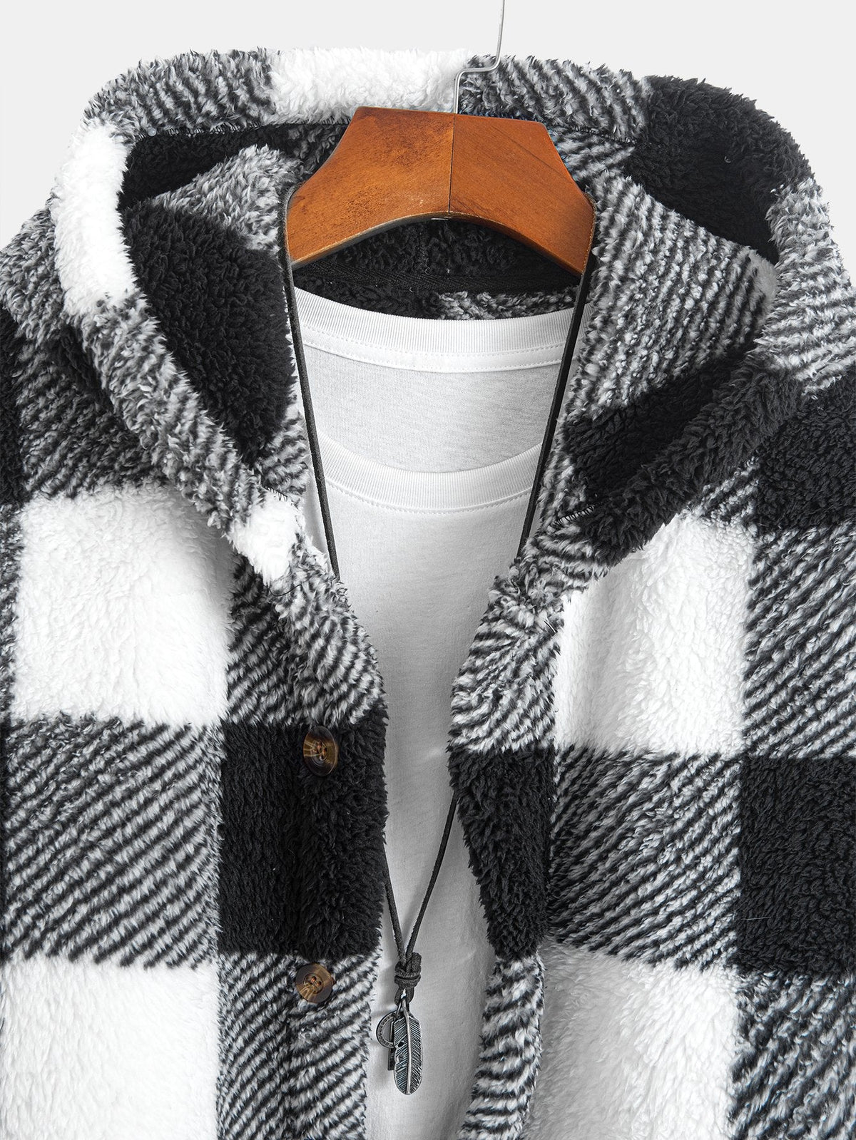 Plaid Teddy Fleece Button Up Hooded Coat