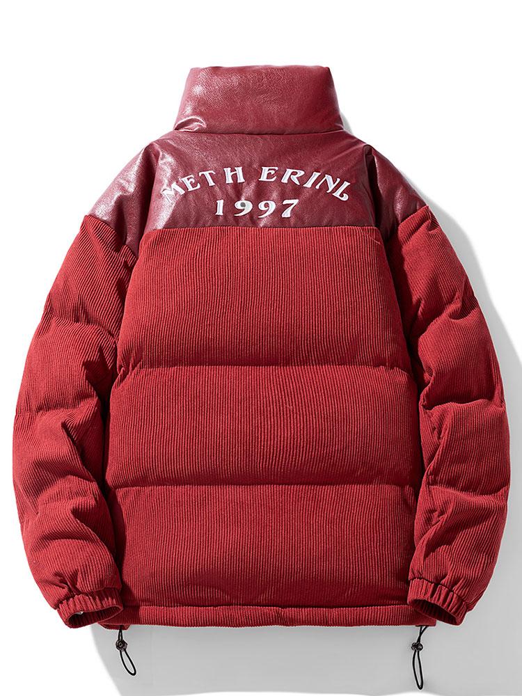Corduroy PU Patchwork Puffer Coat