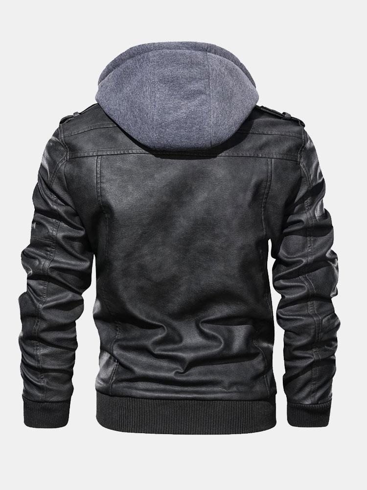Detachable Hooded Zip Up PU Leather Jacket