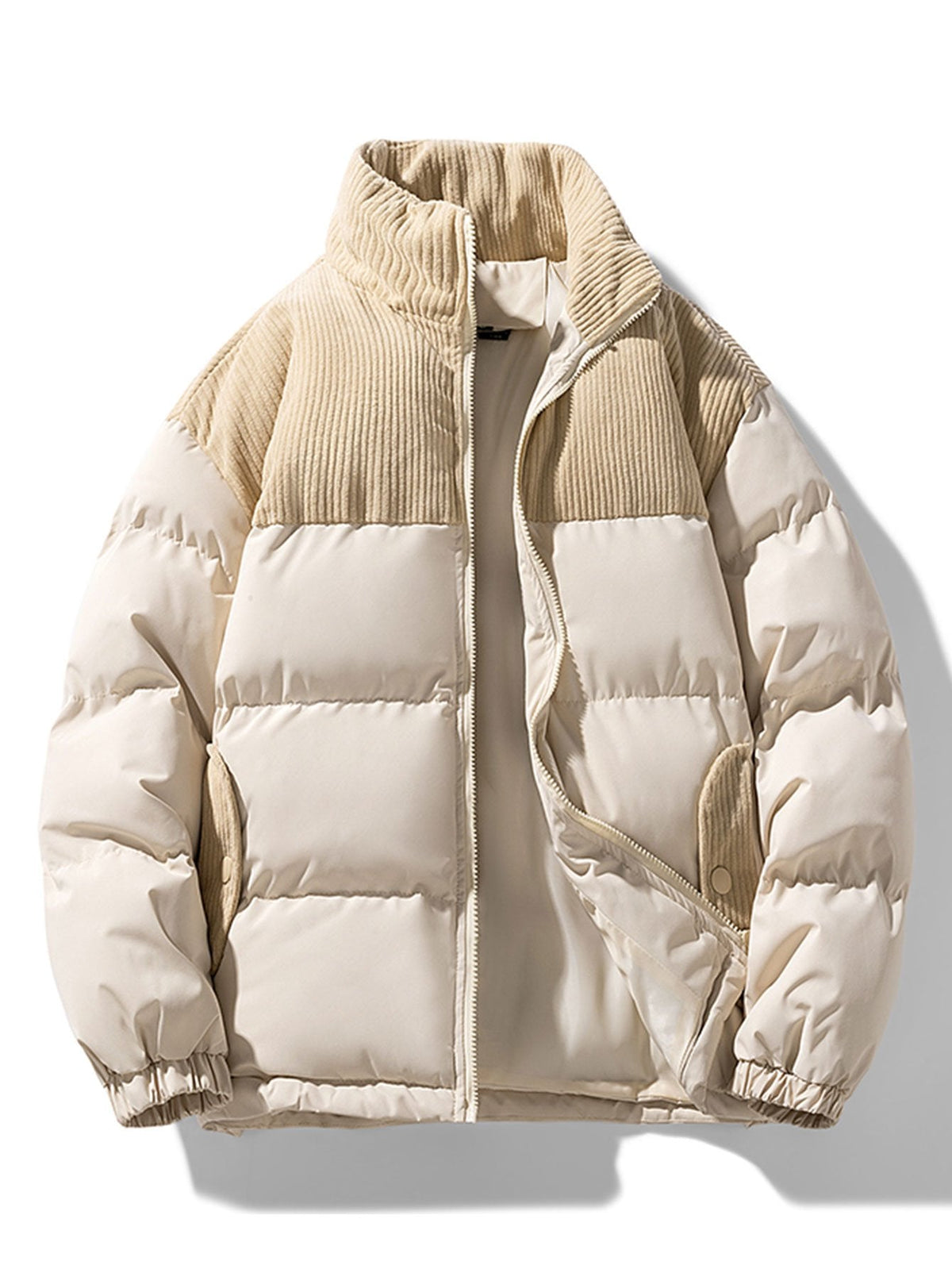 Corduroy Patchwork Zip Up Puffer Coat
