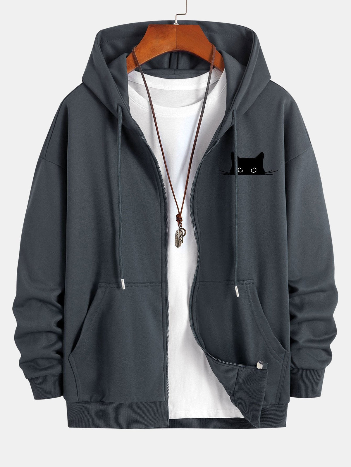 Black Cat Print Relax Fit Zip Hoodie