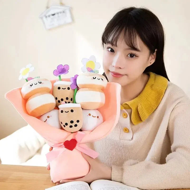 Delightful Boba Bubble Tea Plushie with a Charming Flower Bouquet Design