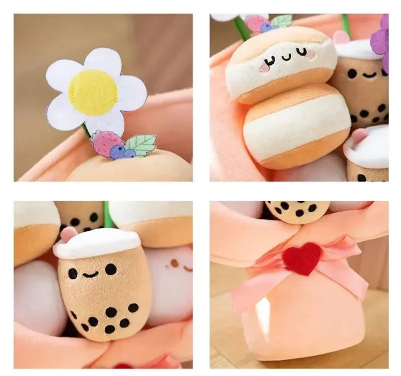 Delightful Boba Bubble Tea Plushie with a Charming Flower Bouquet Design