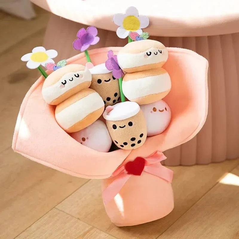 Delightful Boba Bubble Tea Plushie with a Charming Flower Bouquet Design
